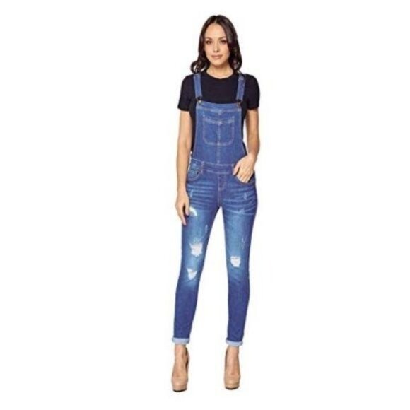 Wax Medium Blue Denim Distressed Overalls - Picture 1 of 5